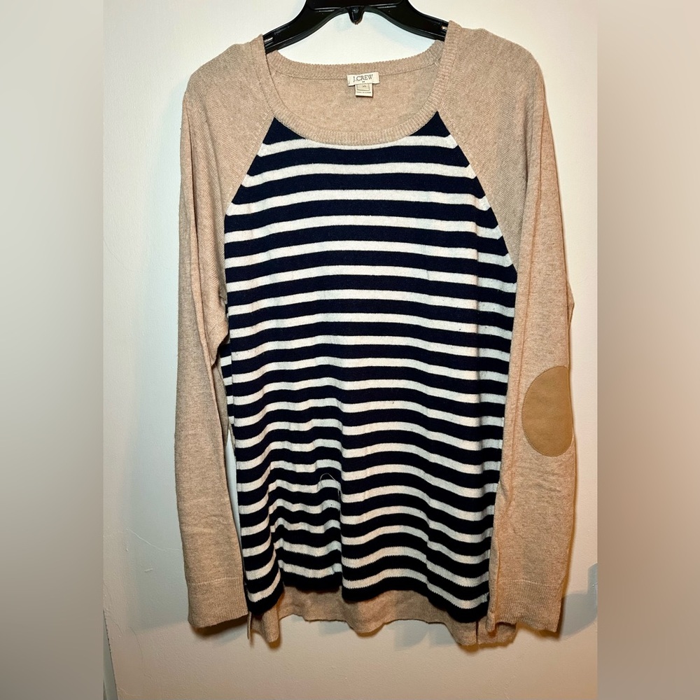 J. Crew navy and cream sweater with tan sleeves and elbow patches